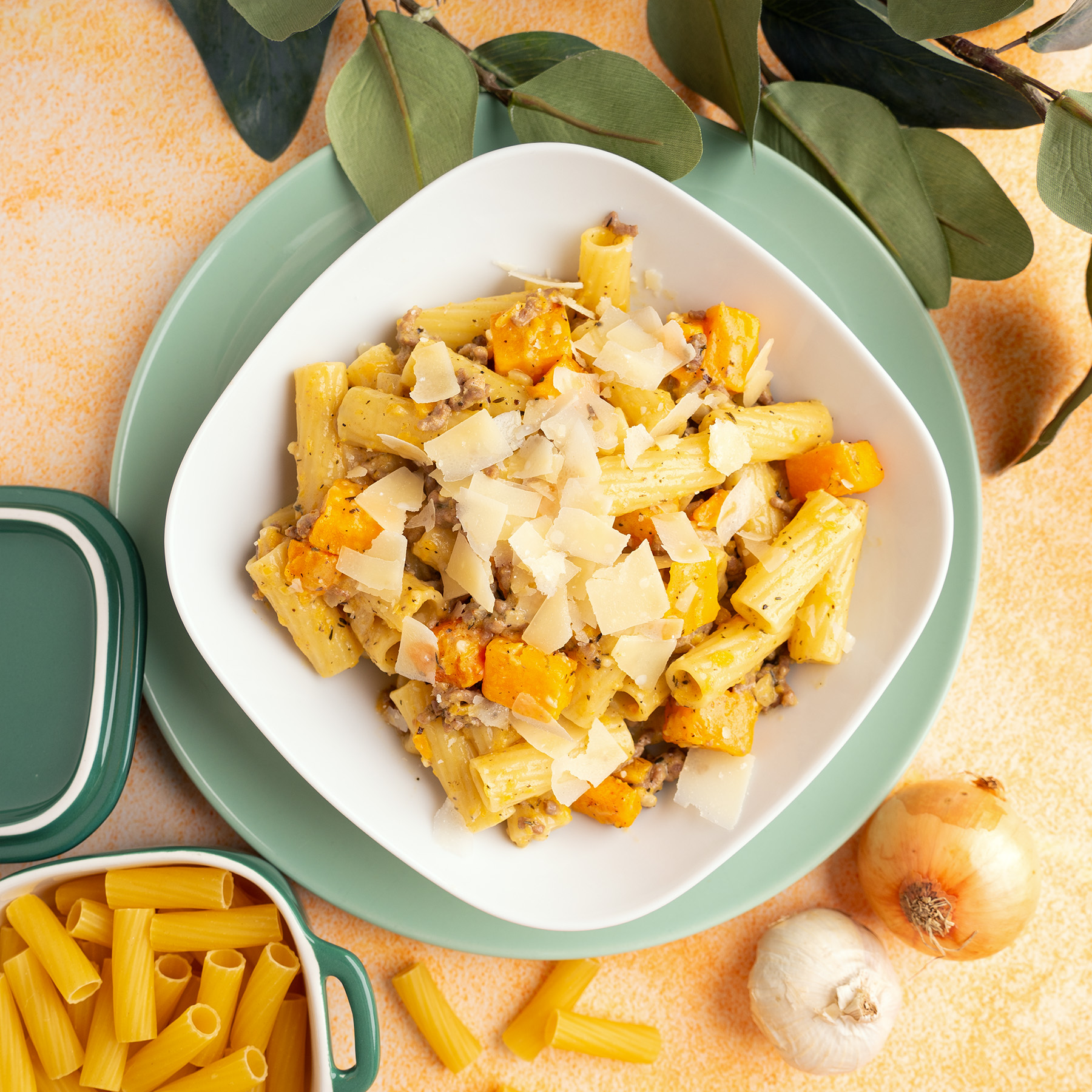 Creamy roasted pumpkin & ground beef pasta for Halloween or a comfy fall family dinner.